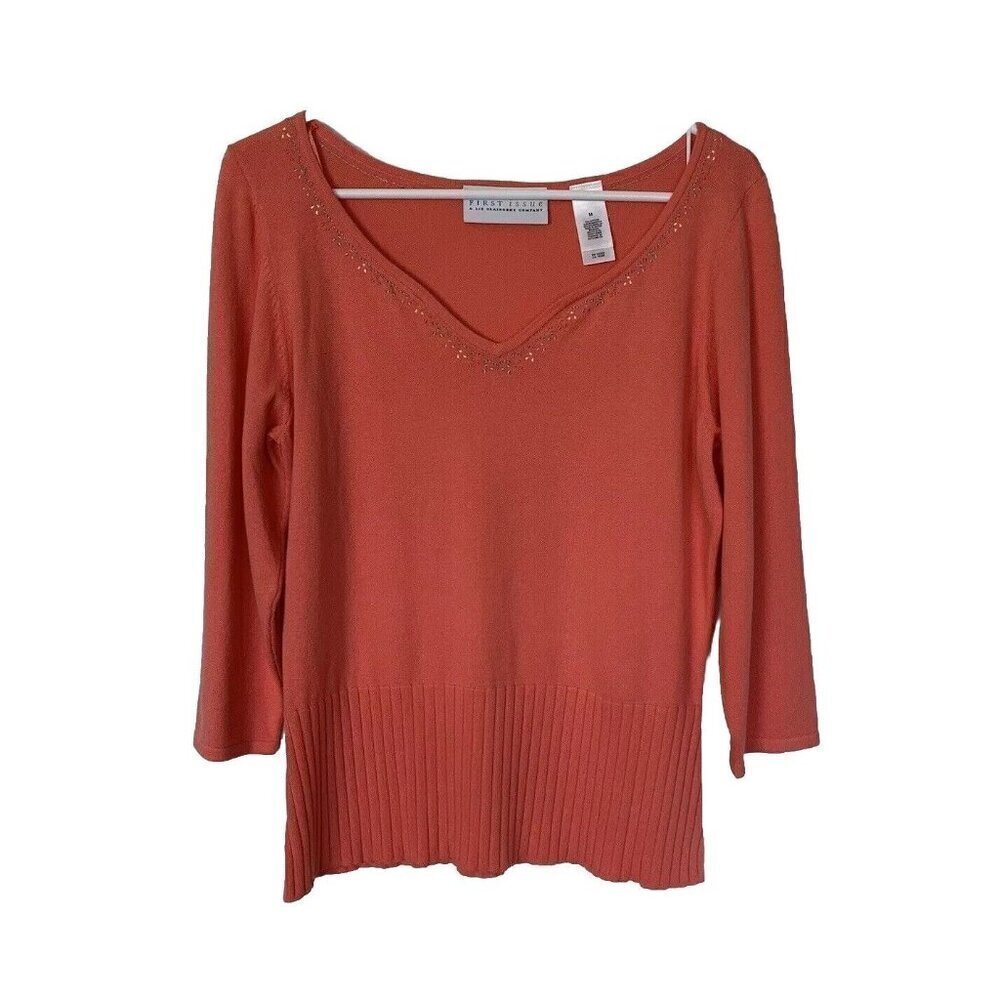 Liz Claiborne First Issue Sweater Women Medium Orange Coral Vneck Vintage NWT